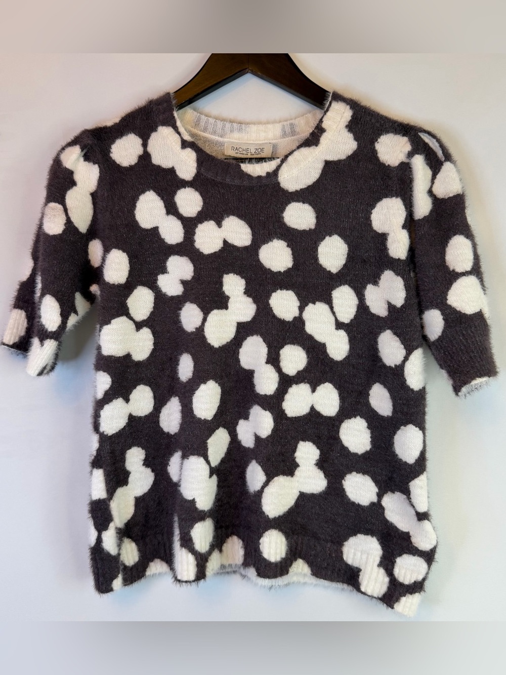 NEW Rachel Zoe Sweater Womens Medium Runs Small Ivory Brown Dots Fuzzy Cropped